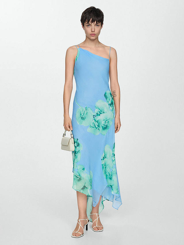 Mango Philo Asymmetric Floral Maxi Dress, Light Pastel Blue/Multi