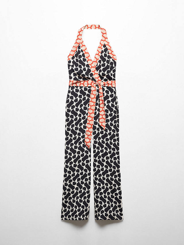 Mango Cosim Abstract Print Bow Detail Halterneck Jumpsuit, Black/Multi