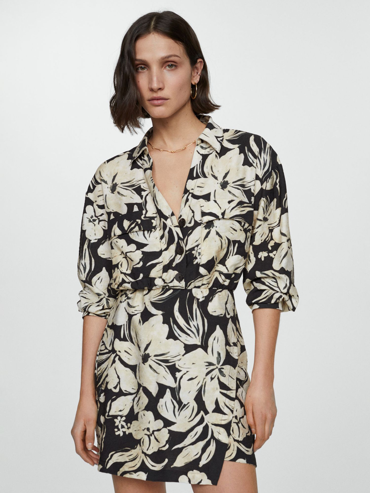 Mango Ecuador Floral Mini Wrap Shirt Dress, Black/Cream, 10