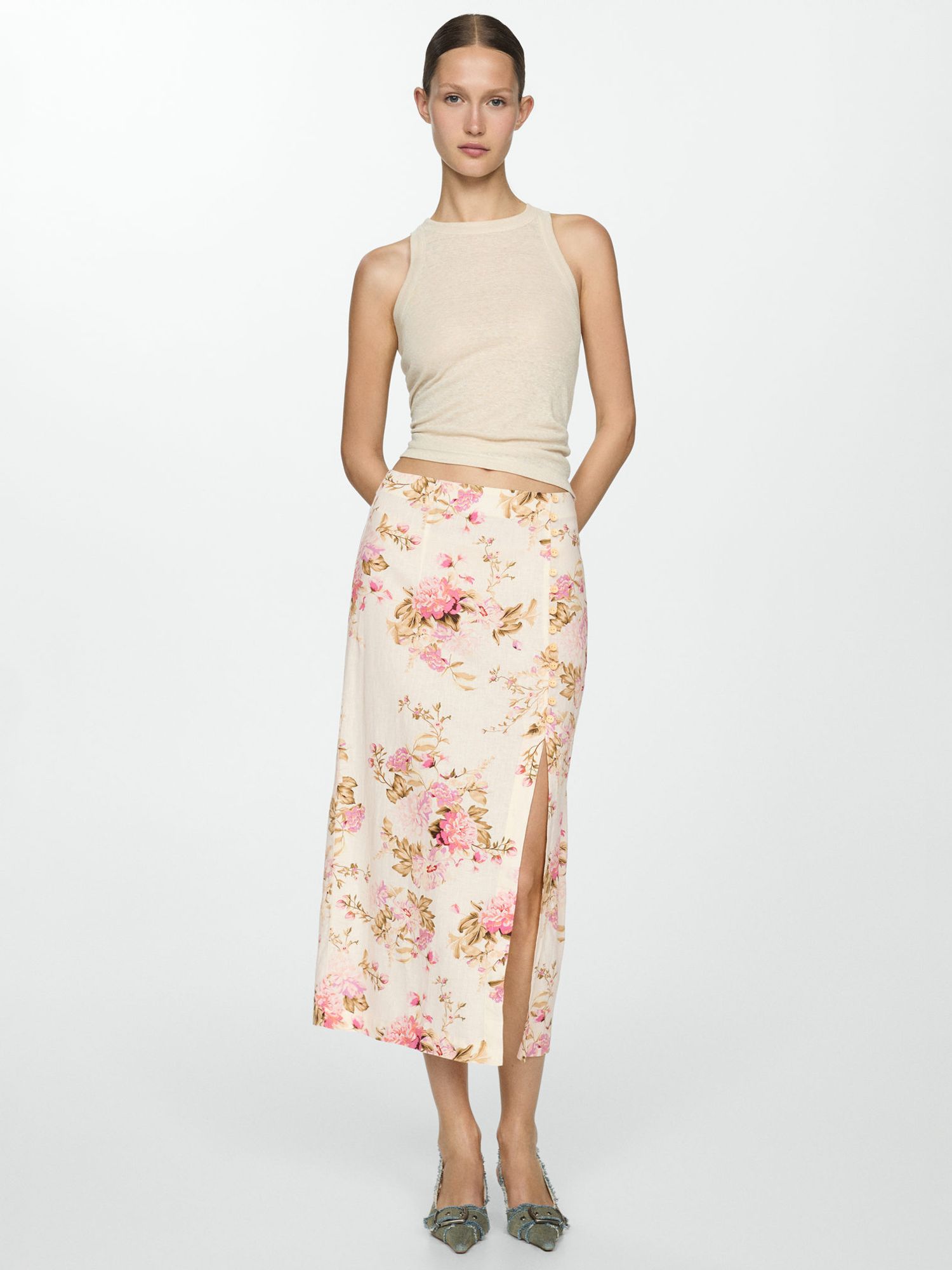 Mango Carla Floral Print Linen Blend Midi Skirt, Cream/Multi, 10