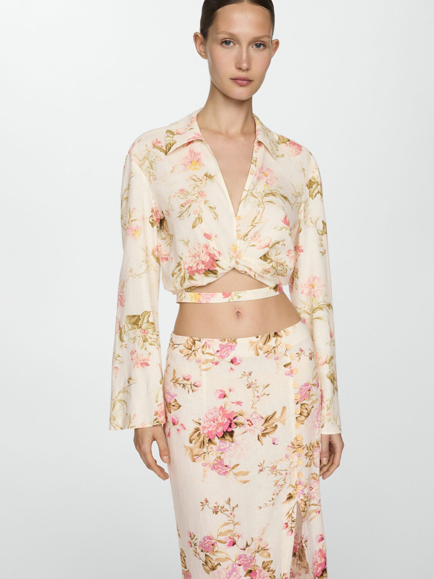 Mango Carla Floral Print Linen Blend Midi Skirt, Cream/Multi, 10