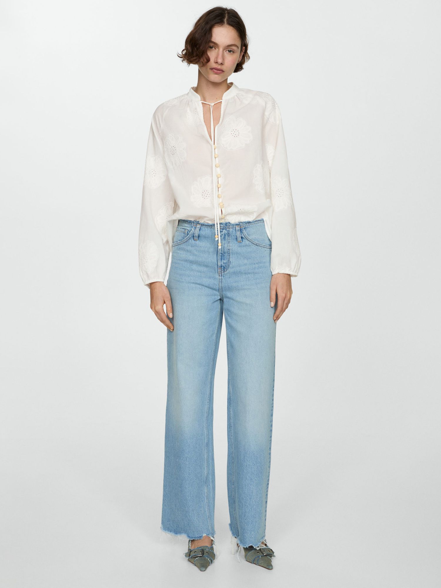 Buy Mango Woody Cotton Floral Embroided Blouse, Natural White Online at johnlewis.com