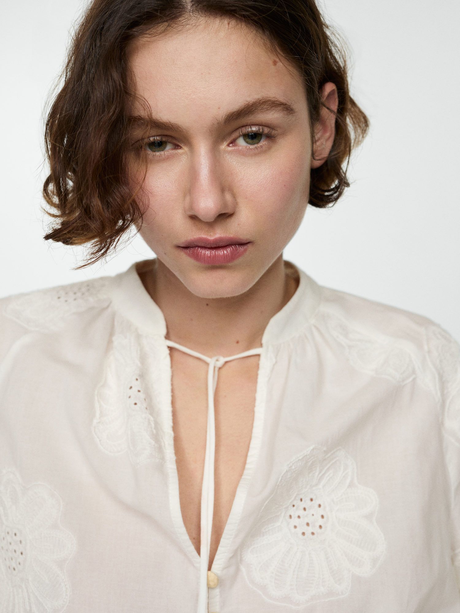 Buy Mango Woody Cotton Floral Embroided Blouse, Natural White Online at johnlewis.com