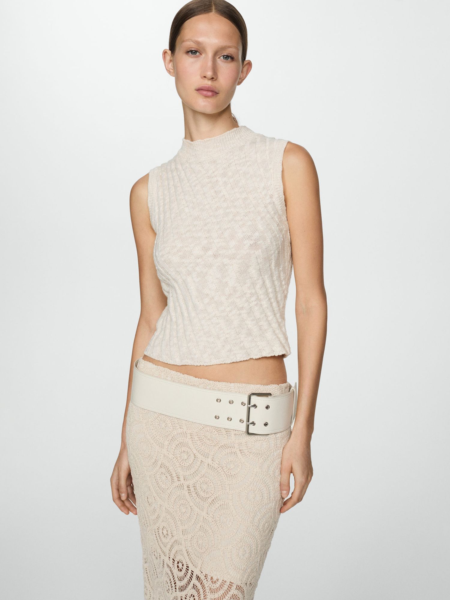 Buy Mango Jamie Crochet Midi Skirt, Light Beige Online at johnlewis.com
