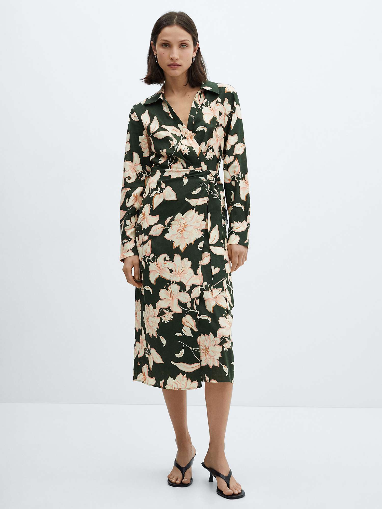 Buy Mango Carola Floral Print Linen Blend Midi Wrap Dress, Green/Multi Online at johnlewis.com