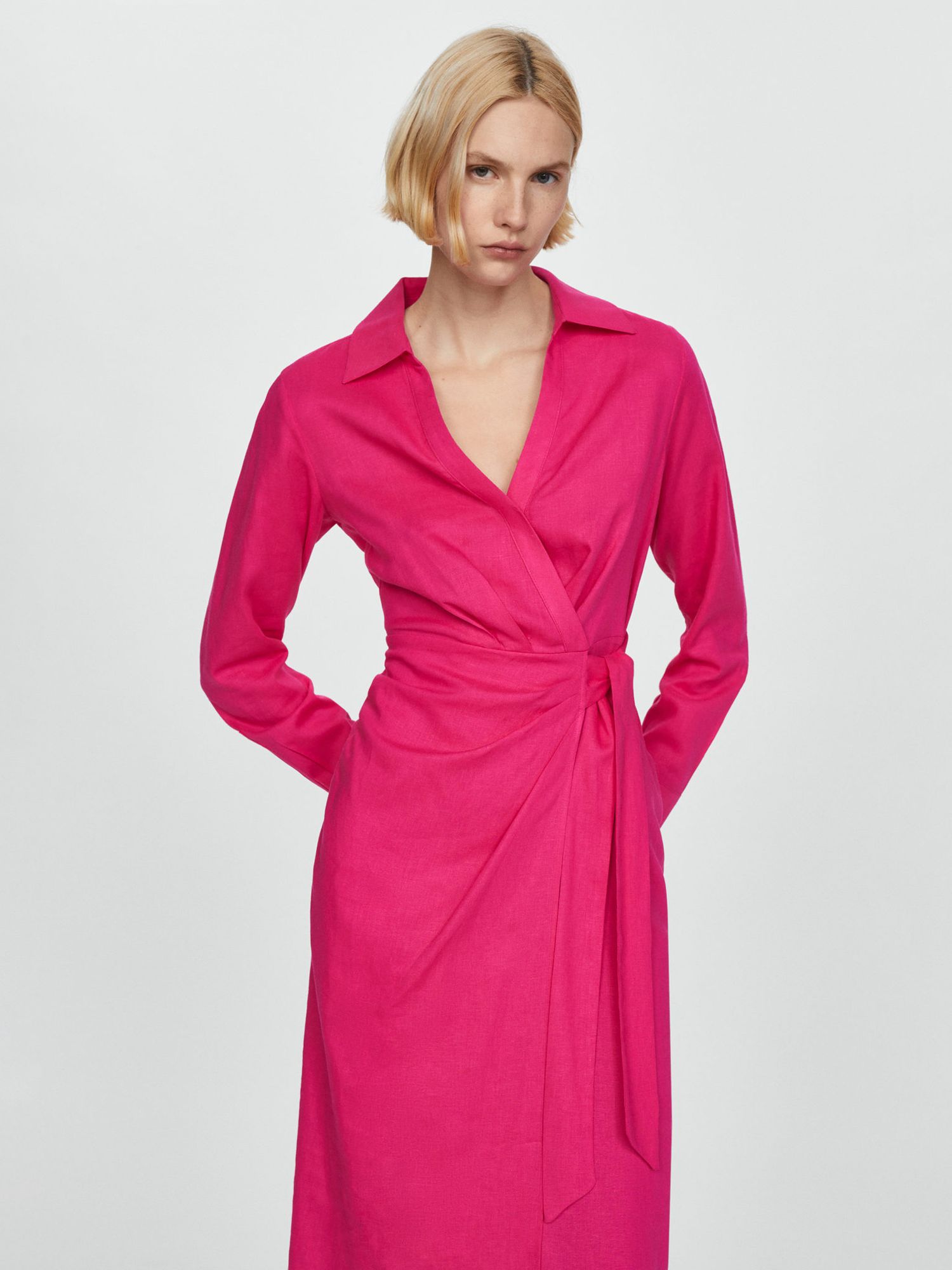 Mango Carola Tie Detail Linen Blend Dress, Bright Pink, 10