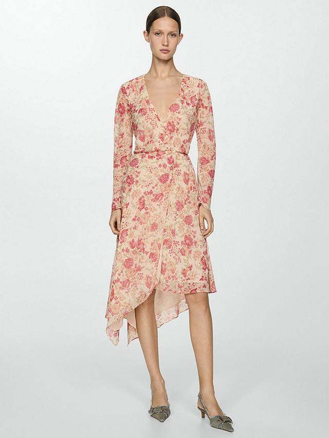 Mango Clari Floral Asymmetric Midi Dress, Light Beige/Multi