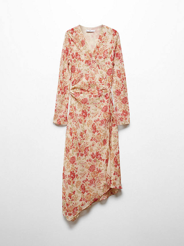 Mango Clari Floral Asymmetric Midi Dress, Light Beige/Multi