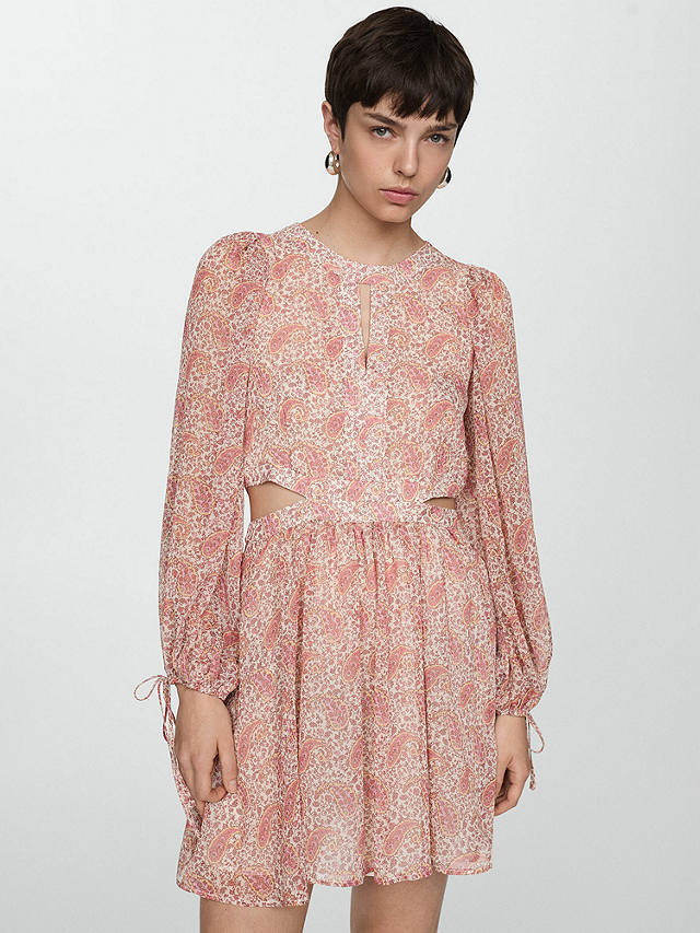 Mango Simona Side Cutout Paisley Print Mini Dress, Light Pastel Pink