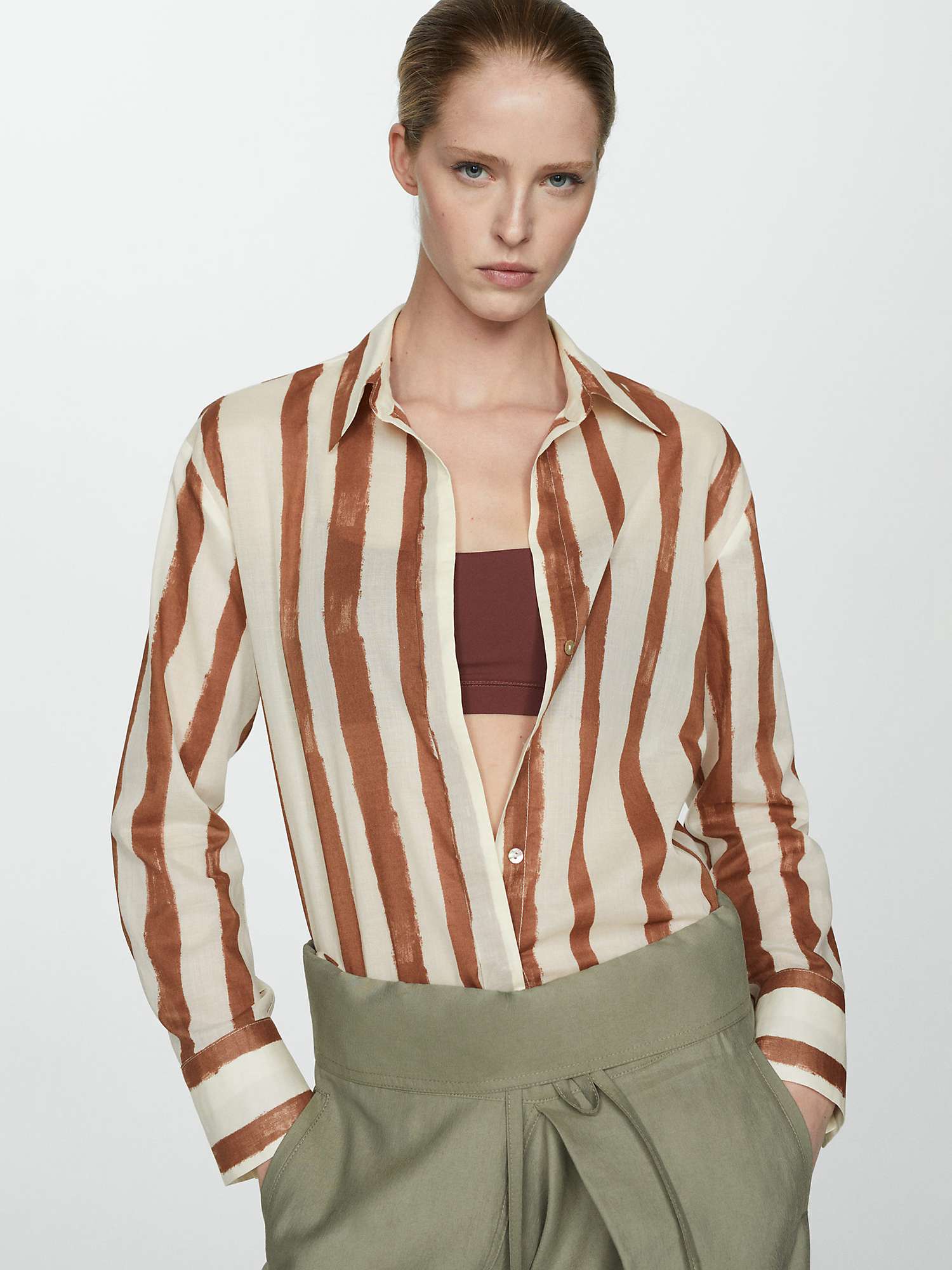 Buy Mango Lineas Cotton Striped Shirt, Light Beige Online at johnlewis.com