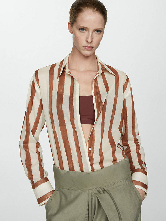 Mango Lineas Cotton Striped Shirt, Light Beige