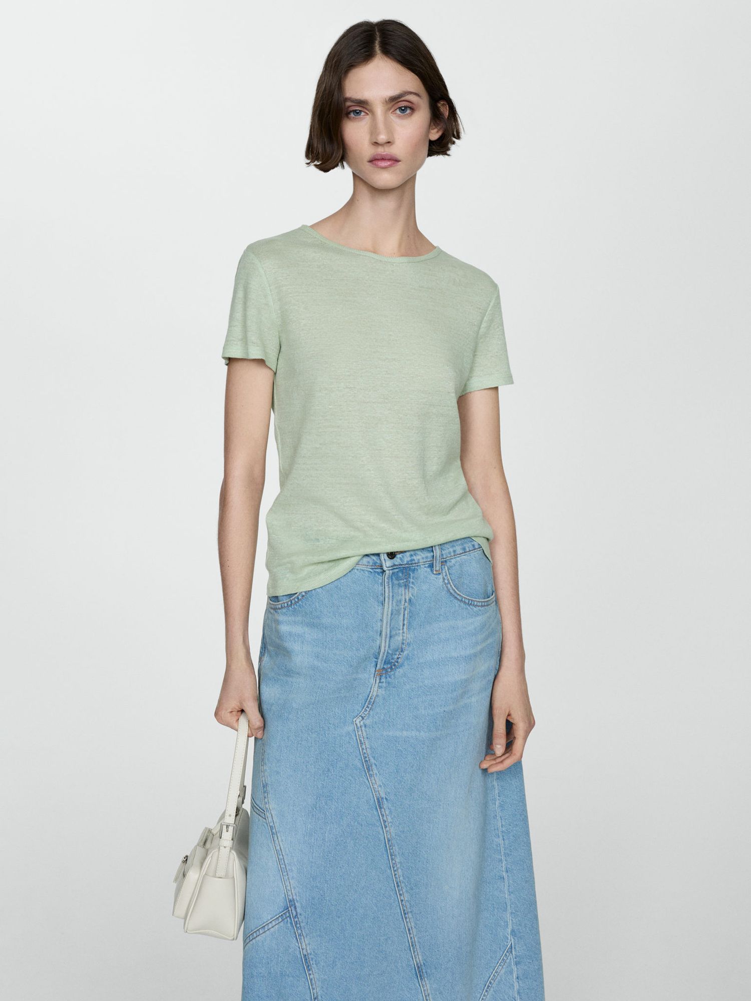 Mango Leno Linen T-Shirt, Green