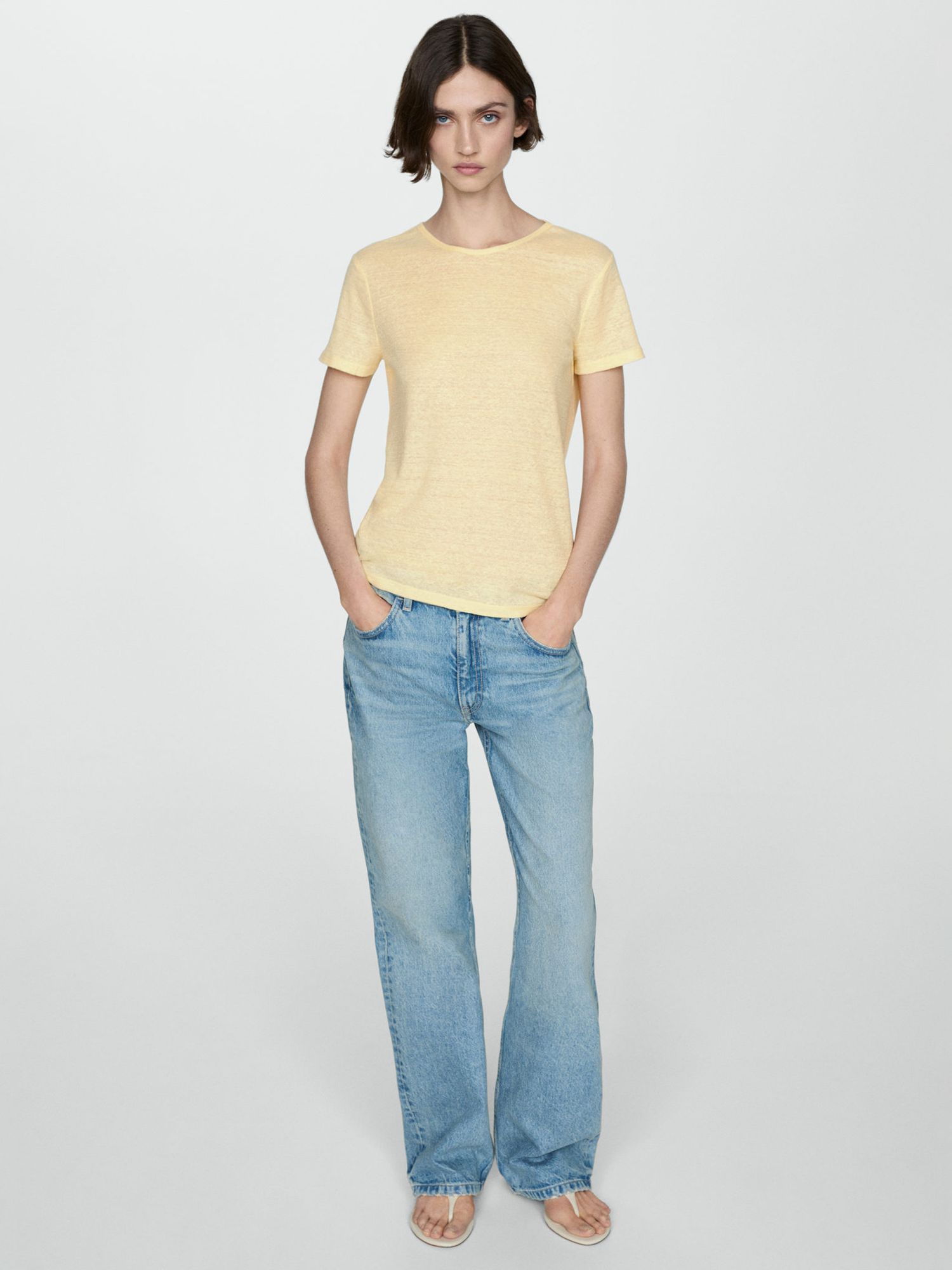 Mango Leno Linen T-Shirt, Yellow, XS