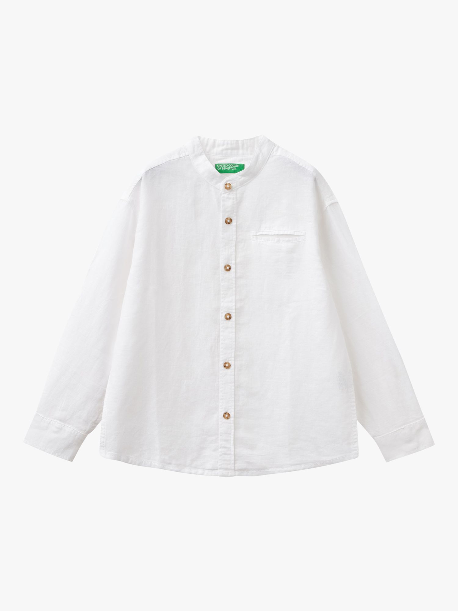 Benetton Kids' Linen Blend Long Sleeve Grandad Collar Shirt, Optical White, 6-7 years