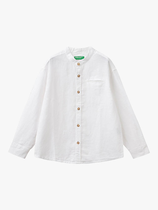 Benetton Kids' Linen Blend Long Sleeve Grandad Collar Shirt, Optical White