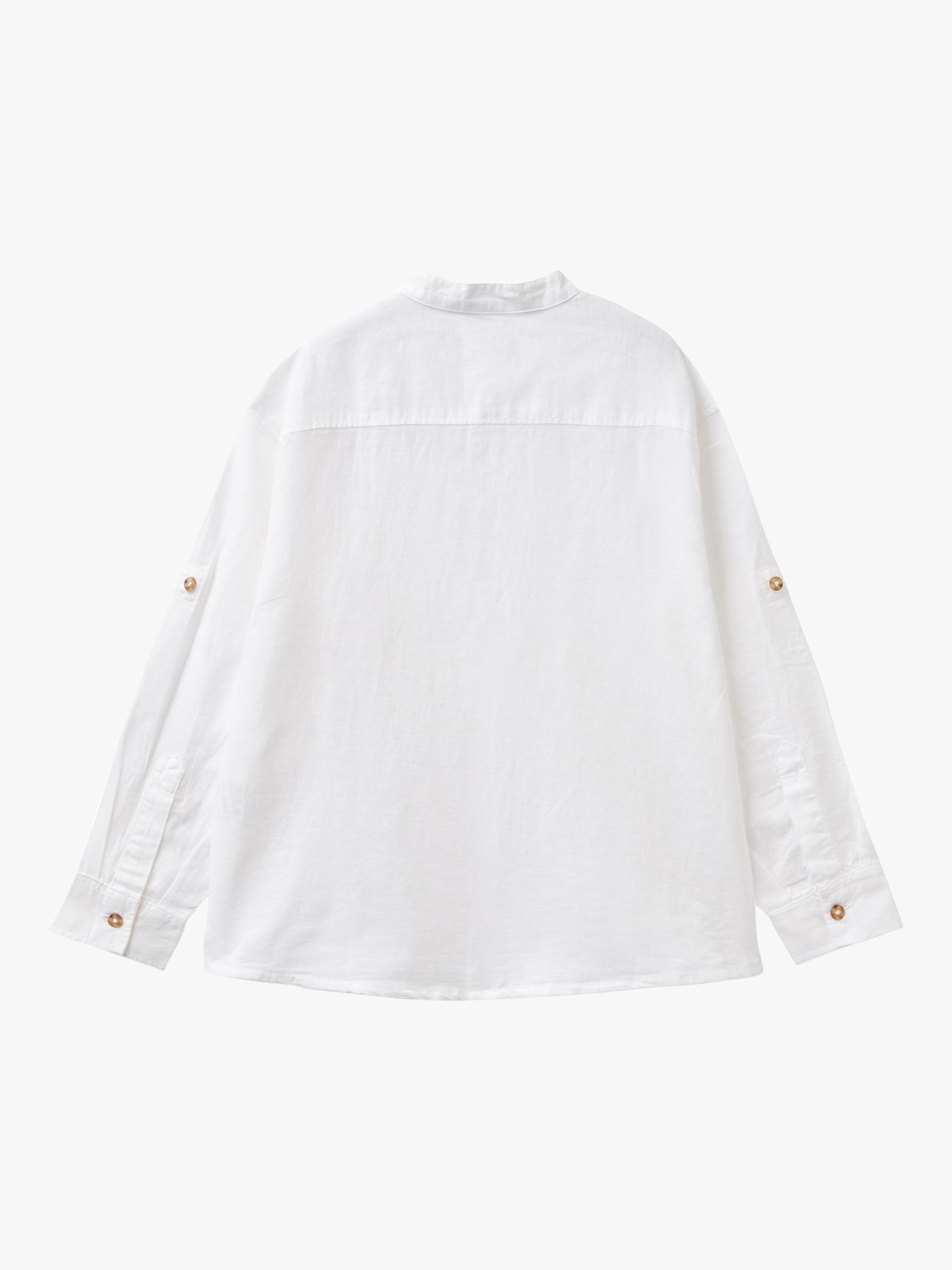 Benetton Kids' Linen Blend Long Sleeve Grandad Collar Shirt, Optical White, 6-7 years