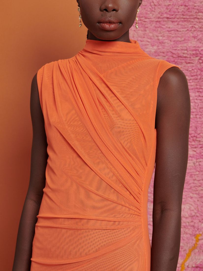 GHOSPELL Devin Ruched Mesh Midi Dress, Orange, 6