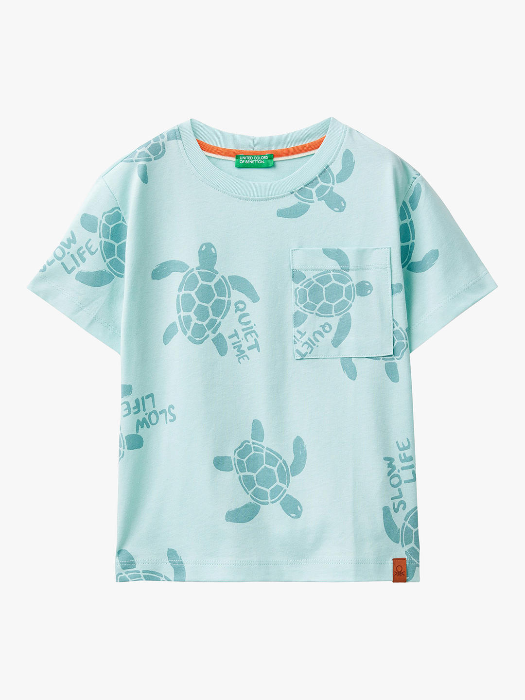 Benetton Kids' Turtle Print Pocket Detail T-Shirt, Light Blue Powder