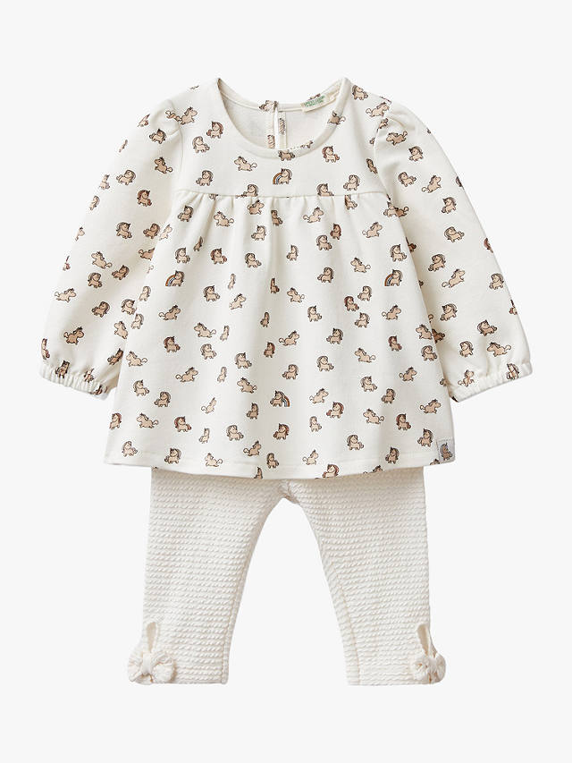 Benetton Baby Unicorn Print Sweatshirt & Textured Leggings Set, Cream/Multi