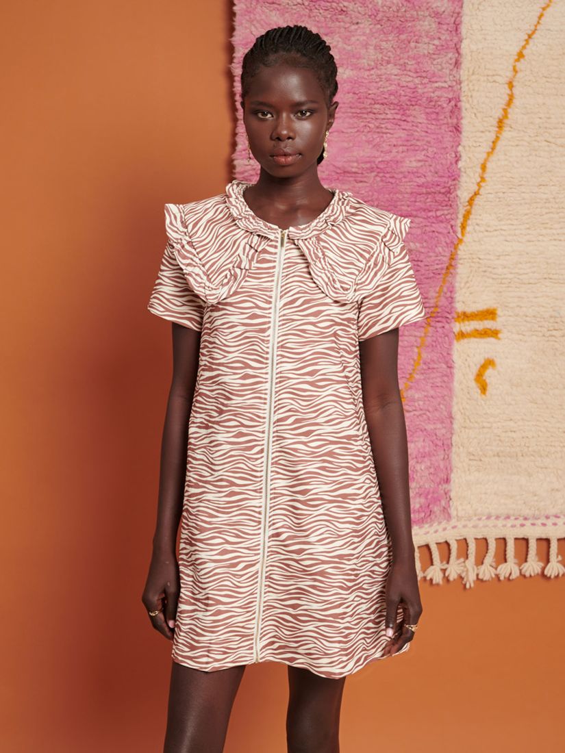 GHOSPELL Zoya Zebra Print Oversized Collar Mini Dress, Brown, 6