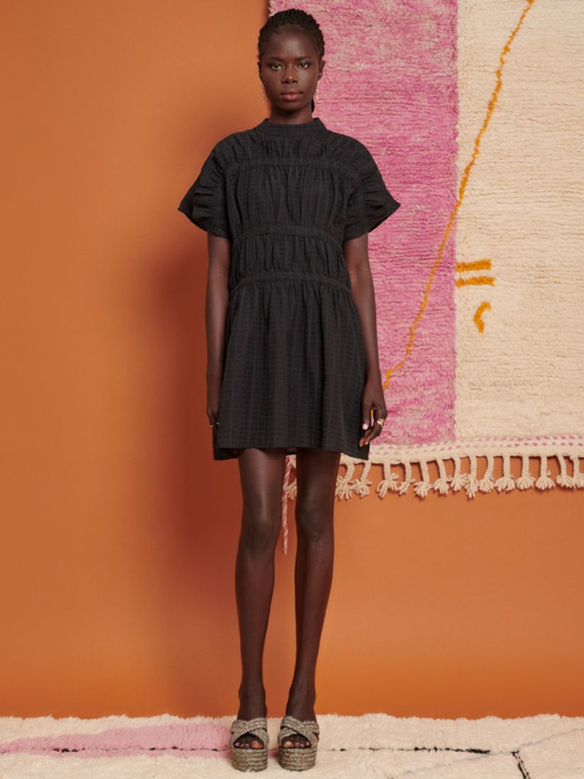 GHOSPELL Yasmin Ruched Linen Blend Mini Dress, Black, 6