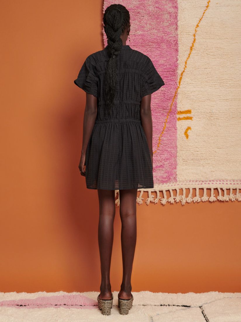 GHOSPELL Yasmin Ruched Linen Blend Mini Dress, Black, 6