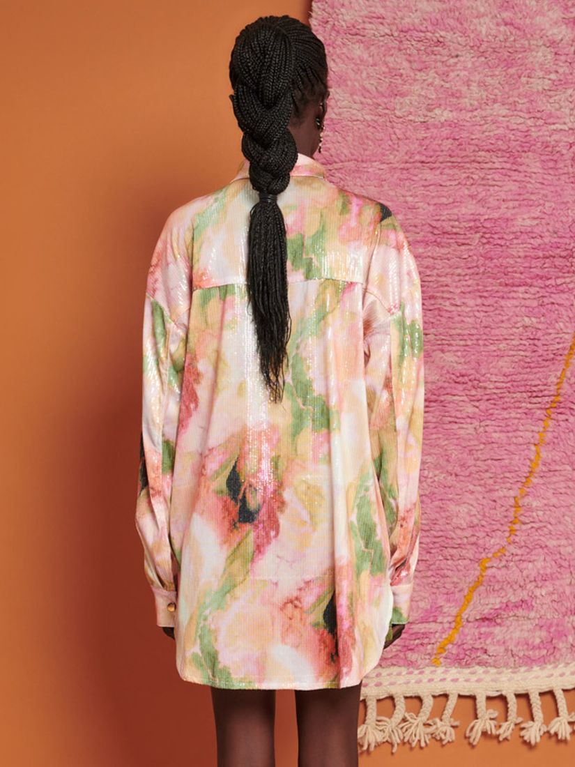 GHOSPELL Salma Abstract print Sequin Oversized Shirt, Multi, 6