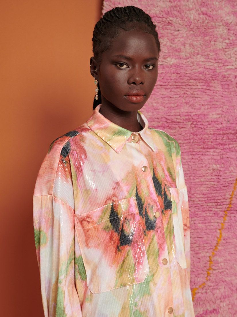 GHOSPELL Salma Abstract print Sequin Oversized Shirt, Multi, 6