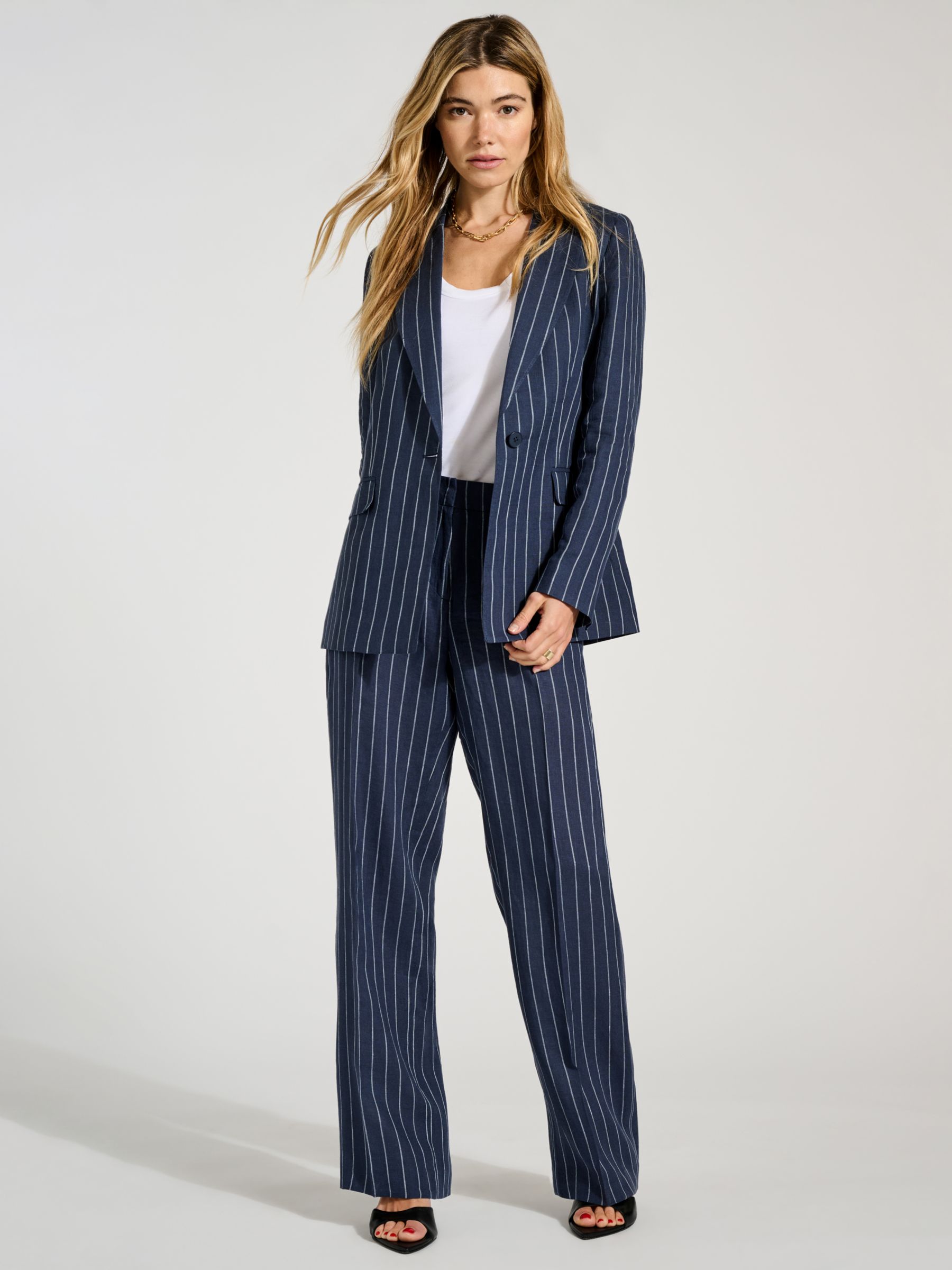 Baukjen Vivienne Pinstripe Linen Suit Trousers, Indigo/White