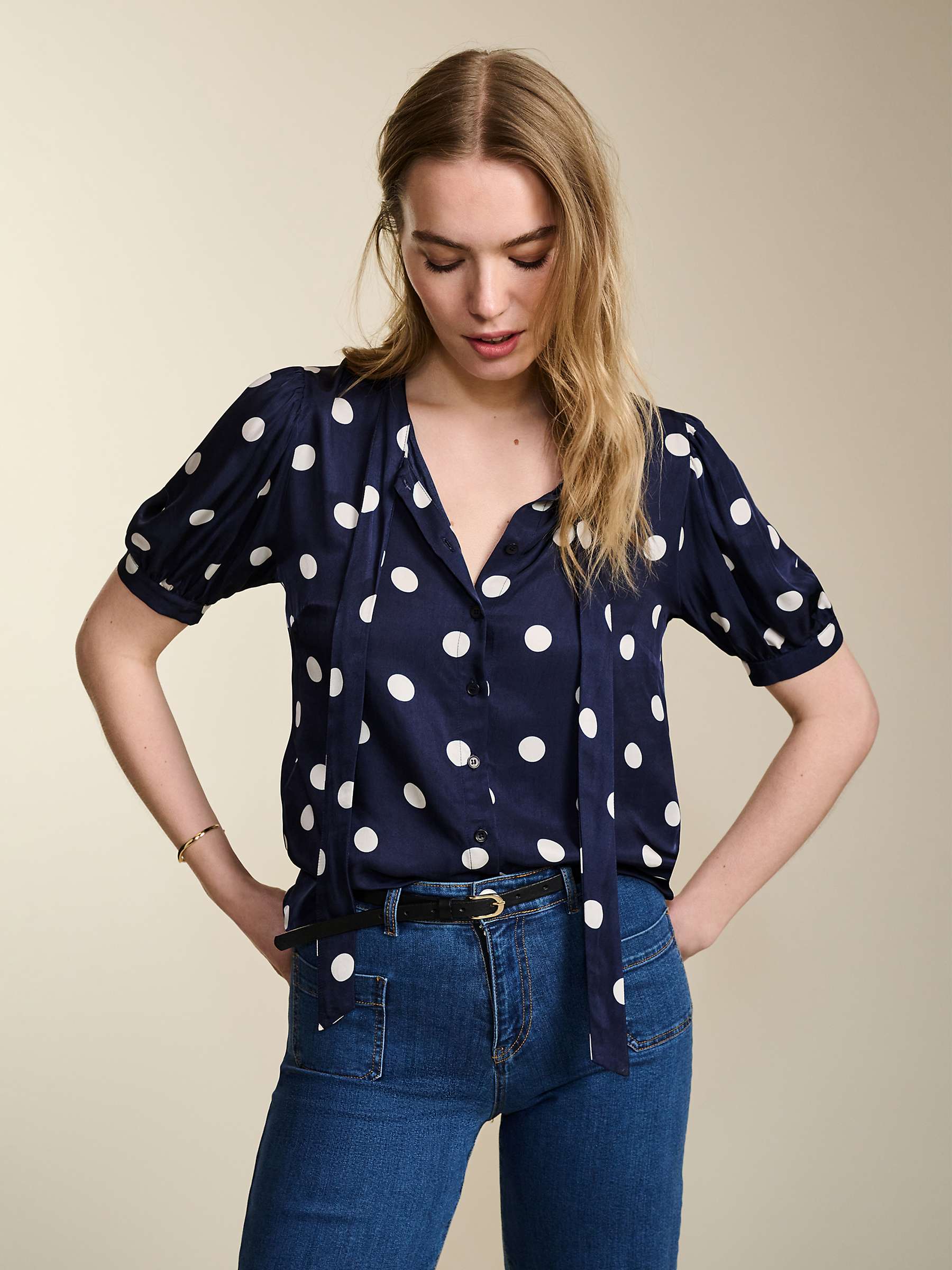 Buy Baukjen Violette Big Polka Dot Print Tie Neck Shirt, Navy Online at johnlewis.com