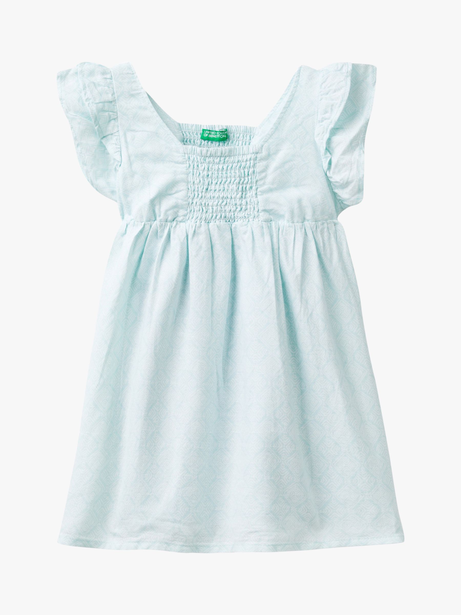 Benetton Kids' Linen Blend Geometric Print Frill Sleeve Dress, Blue/Multi, 3-4 years