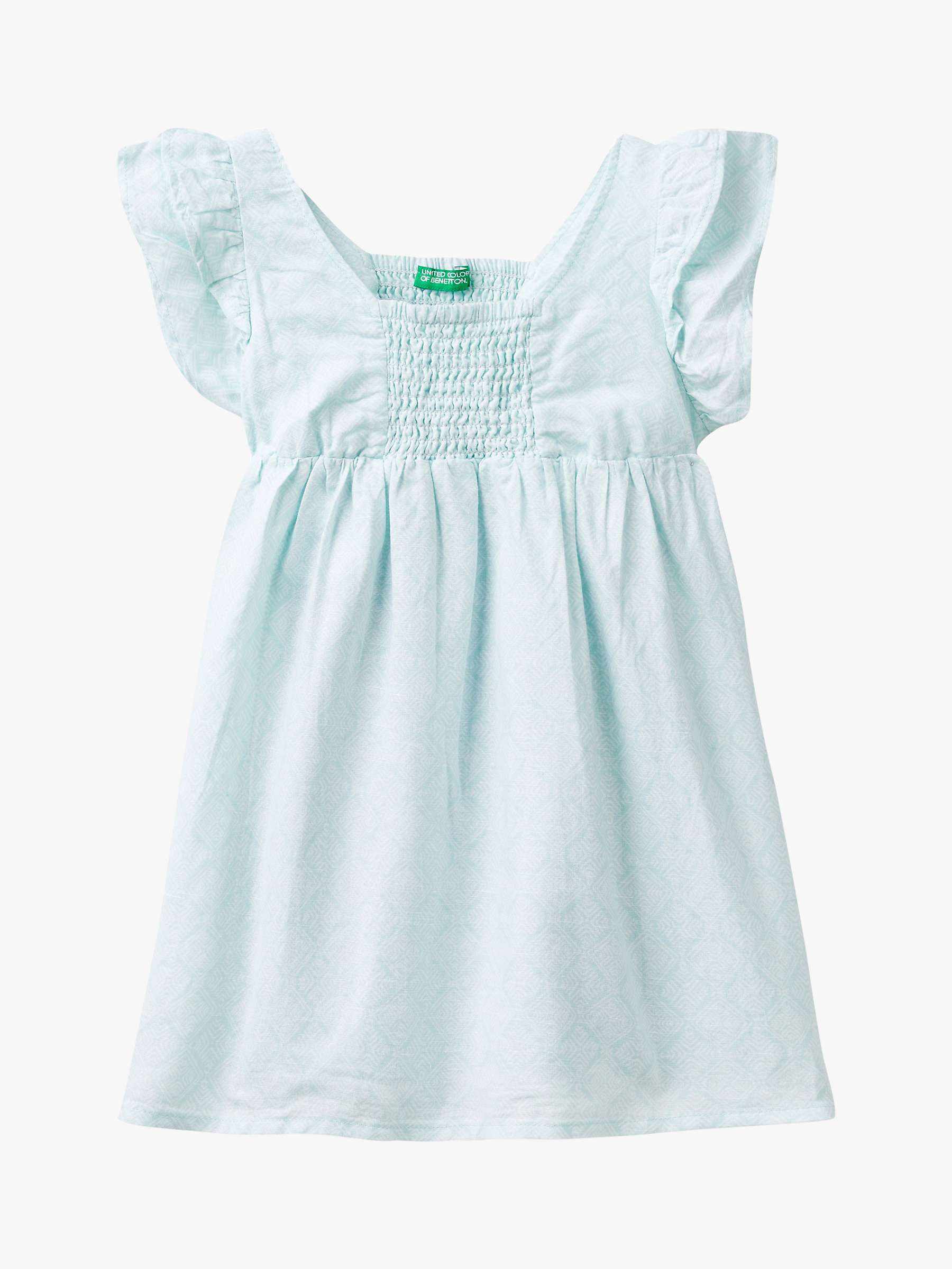 Buy Benetton Kids' Linen Blend Geometric Print Frill Sleeve Dress, Blue/Multi Online at johnlewis.com