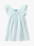 Benetton Kids' Linen Blend Geometric Print Frill Sleeve Dress, Blue/Multi