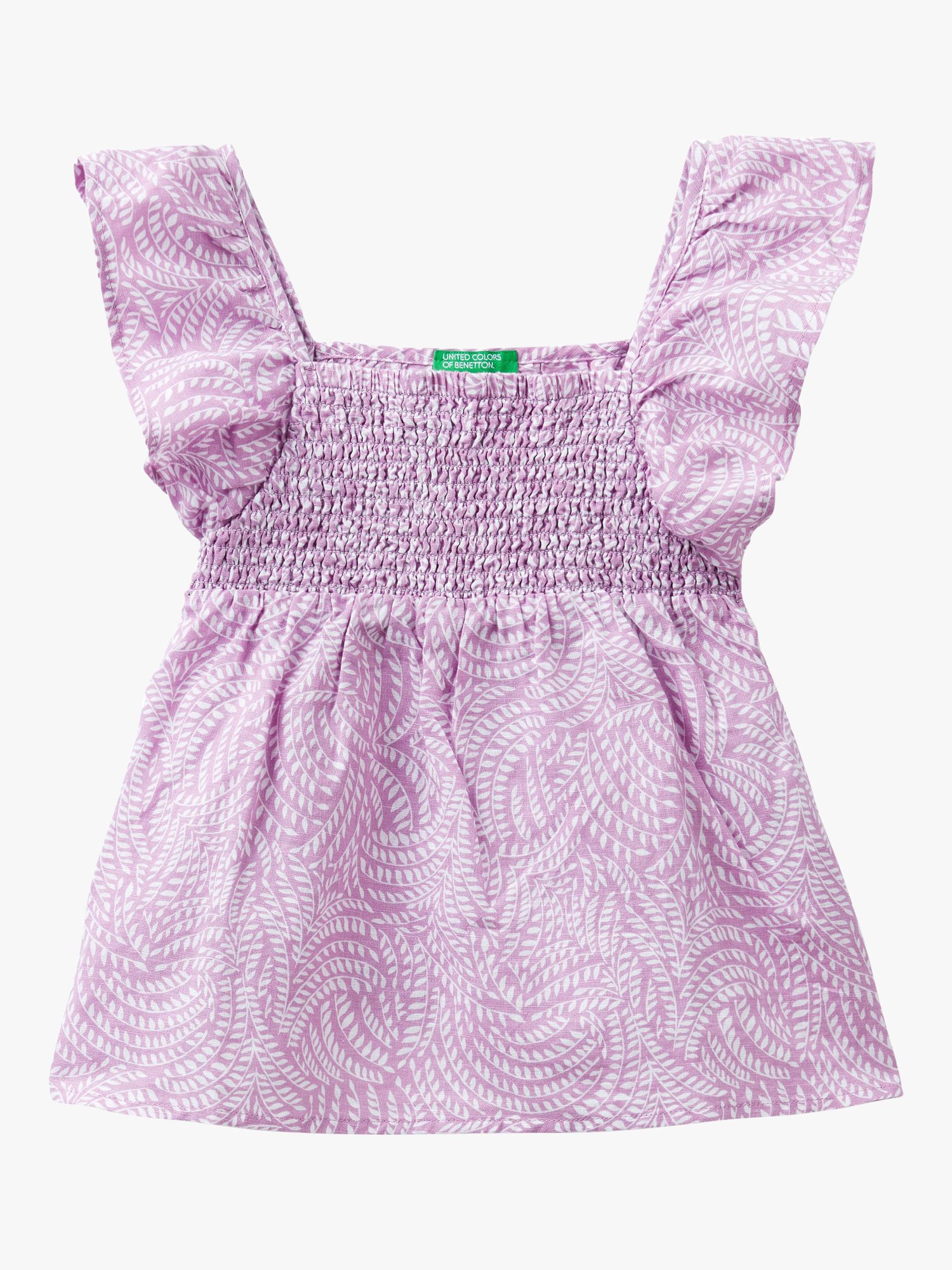 Benetton Kids' Linen Blend Abstract Leaf Print Shirred Blouse, Lilac/Multi, 6-7 years