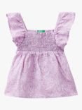 Benetton Kids' Linen Blend Abstract Leaf Print Shirred Blouse, Lilac/Multi
