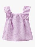 Benetton Kids' Linen Blend Abstract Leaf Print Shirred Blouse, Lilac/Multi