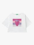 Benetton Kids' Glittter Strawberry Boxy Short Sleeve T-Shirt, Optical White