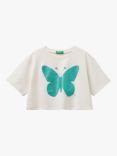 Benetton Kids' Glitter Butterfly Short Sleeve T-Shirt, Cream
