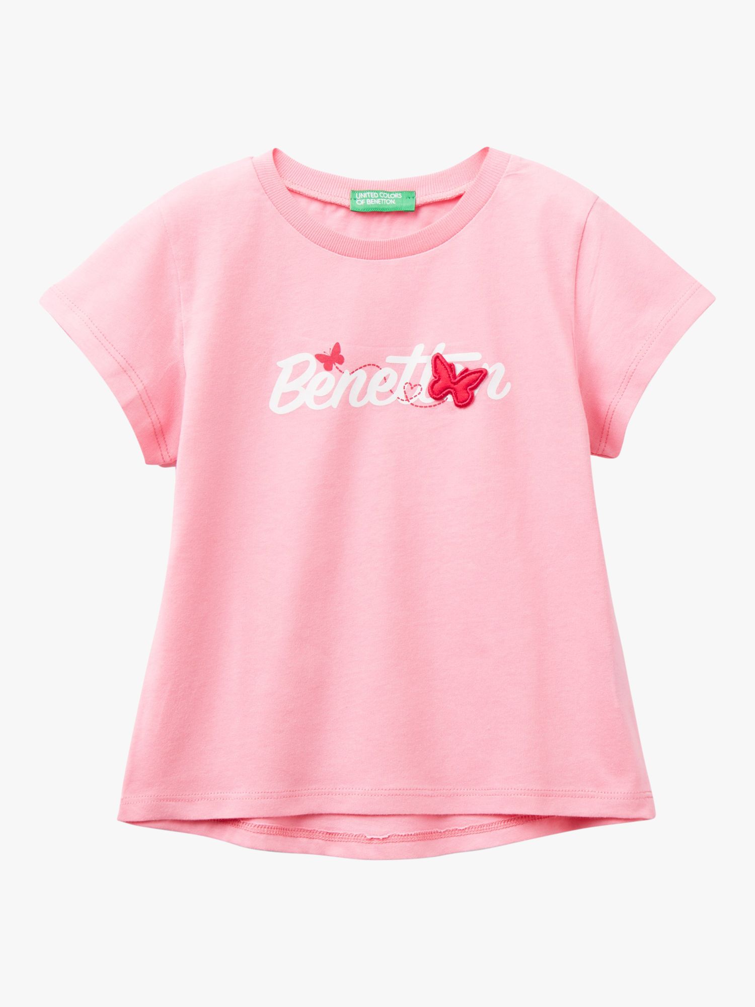 Benetton Kids' Logo Butterfly Patch Crew Neck T-Shirt, Pink, 2-3 years