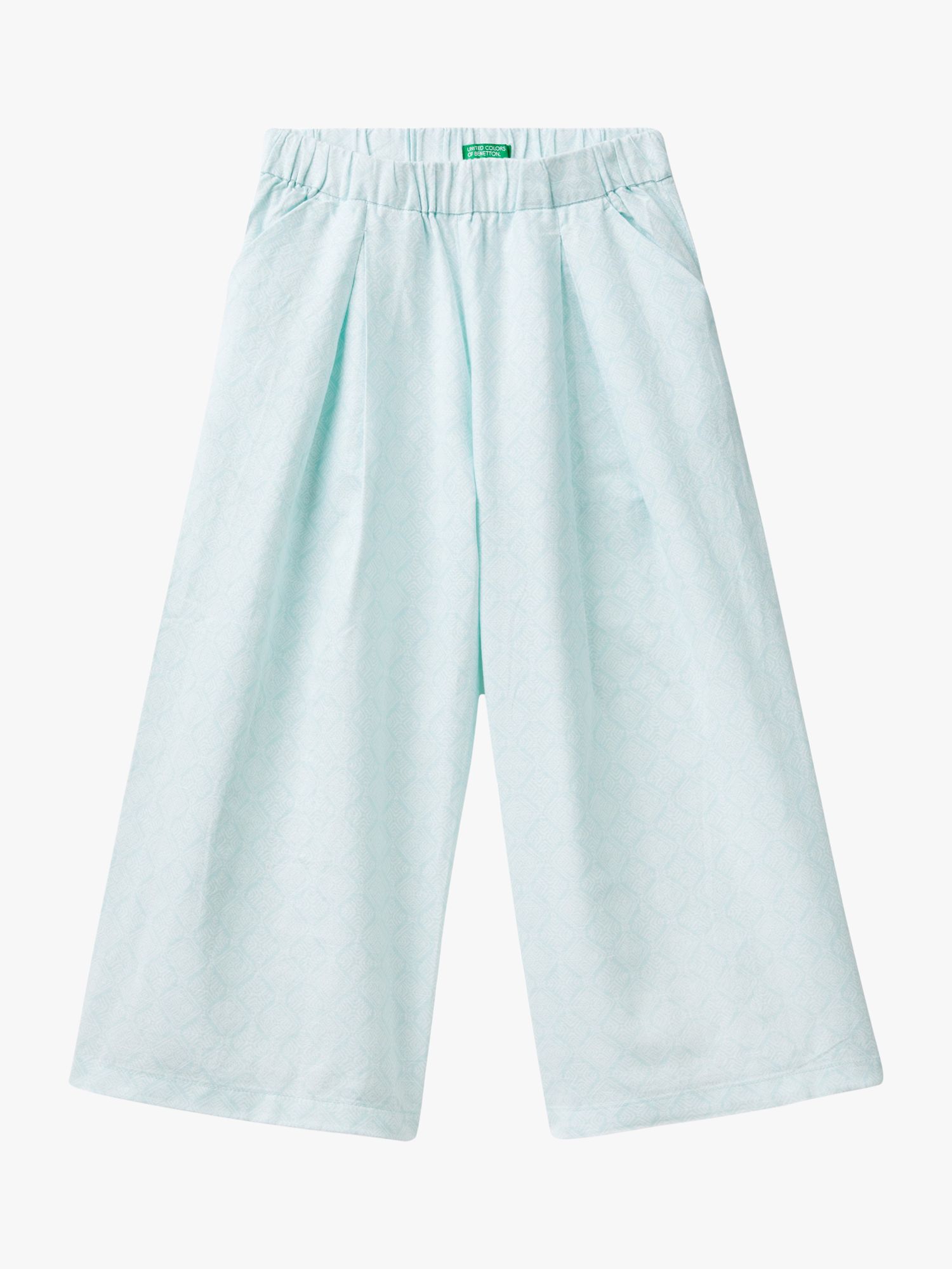 Benetton Kids' Linen Blend Geometric Print Wide Leg Trousers, Aqua/Multi, 6-7 years