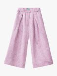 Benetton Kids' Linen Blend Abstract Leaf Print Wide Leg Trousers, Lilac/Multi
