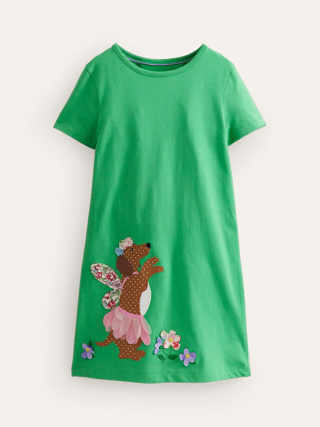 Mini Boden Kids' Vanilla Dog Applique Jersey Dress, Green, 12-18 months