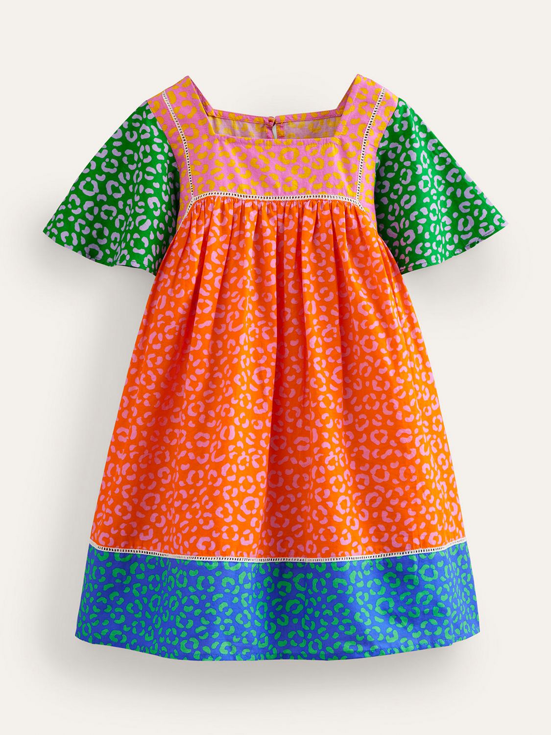 Mini Boden Kids' Colour Block Leopard Print Lightweight Holiday Dress, Multi, 2-3 years