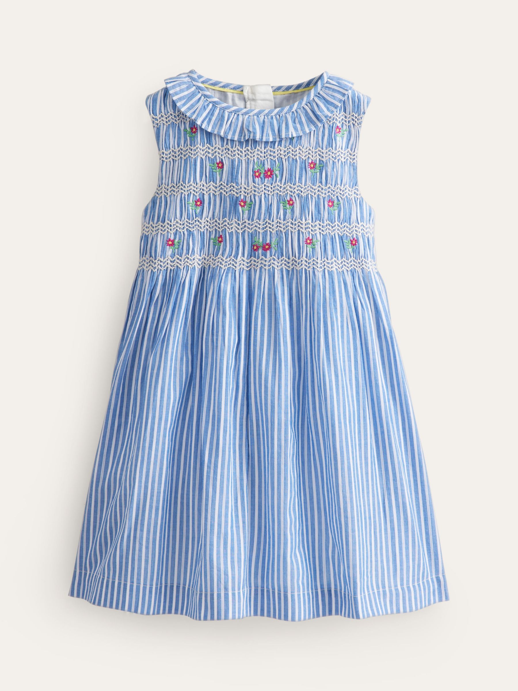 Mini Boden Kids' Smocked Bodice Dress, Mid Blue Leno, 12-18 months