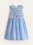 Mini Boden Kids' Smocked Bodice Dress, Mid Blue Leno
