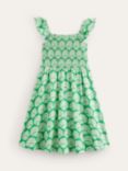 Mini Boden Kids' Shirred Seashells Print Jersey Dress, Pea Green