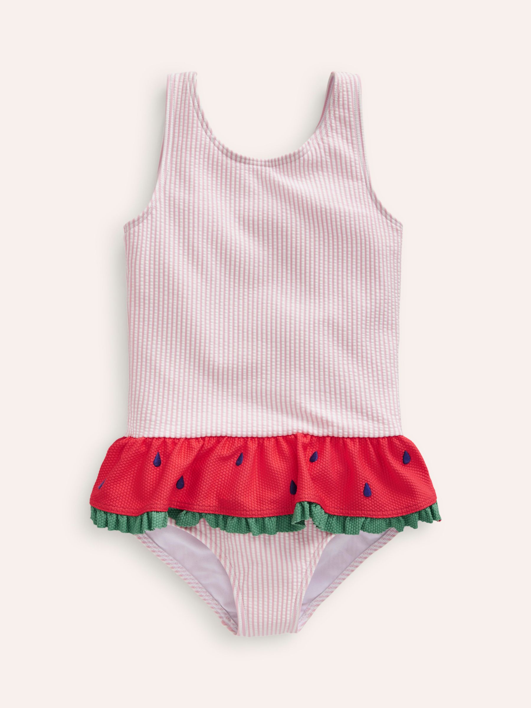 Mini Boden Kids' Stripe Watermelon Peplum Swimsuit, Pink/Vanilla Pod, 12-18 months