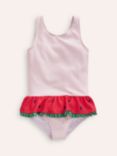 Mini Boden Kids' Stripe Watermelon Peplum Swimsuit, Pink/Vanilla Pod