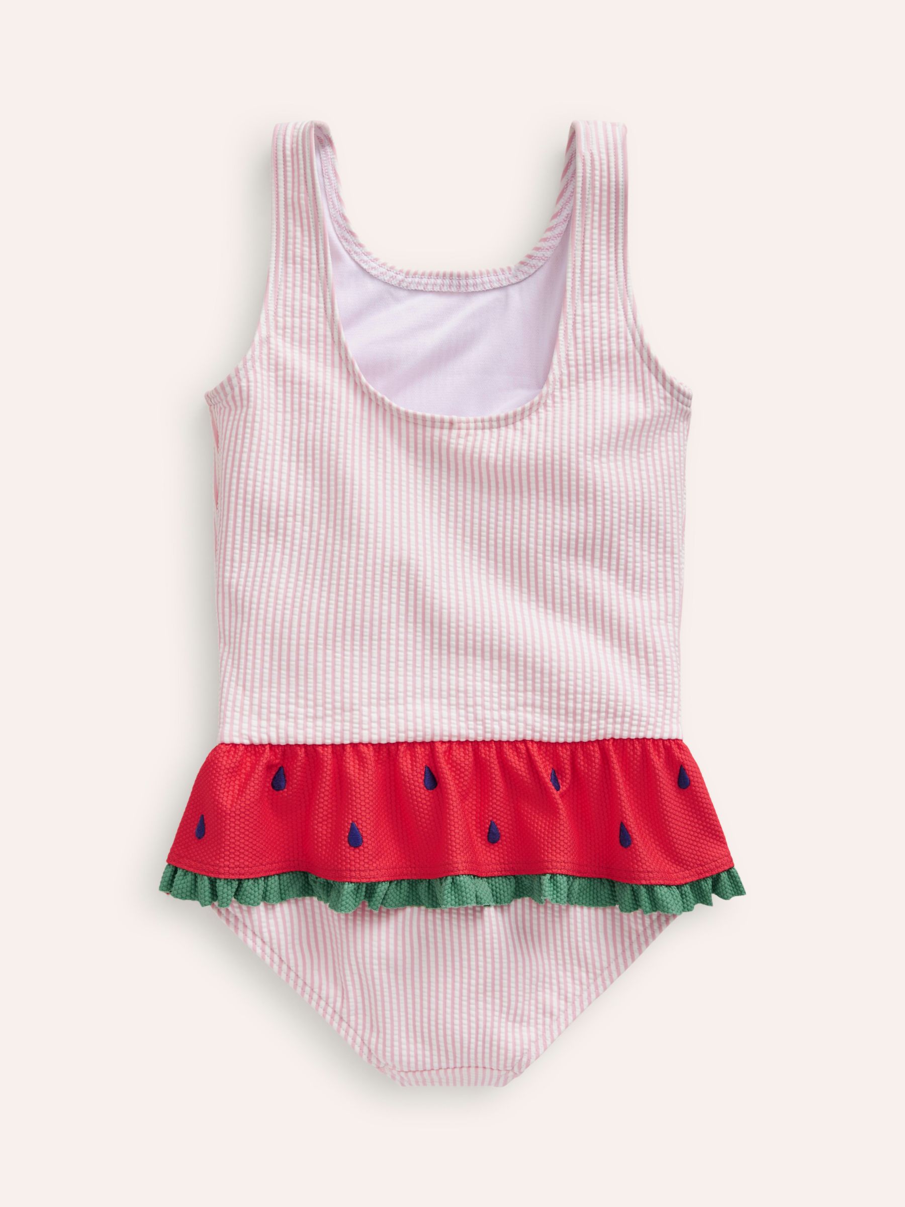 Mini Boden Kids' Stripe Watermelon Peplum Swimsuit, Pink/Vanilla Pod, 12-18 months