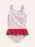 Mini Boden Kids' Stripe Watermelon Peplum Swimsuit, Pink/Vanilla Pod
